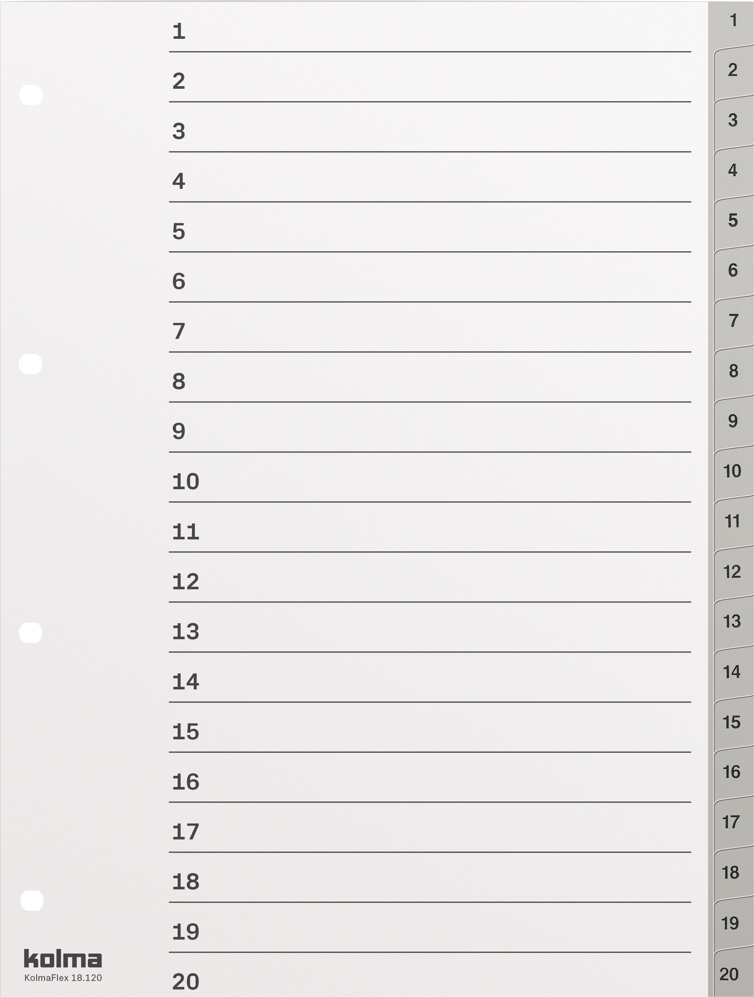 Register A4 hoch 1-20 nummeriert Kunststoff PP grau Kolmaflex Nr. 1872003