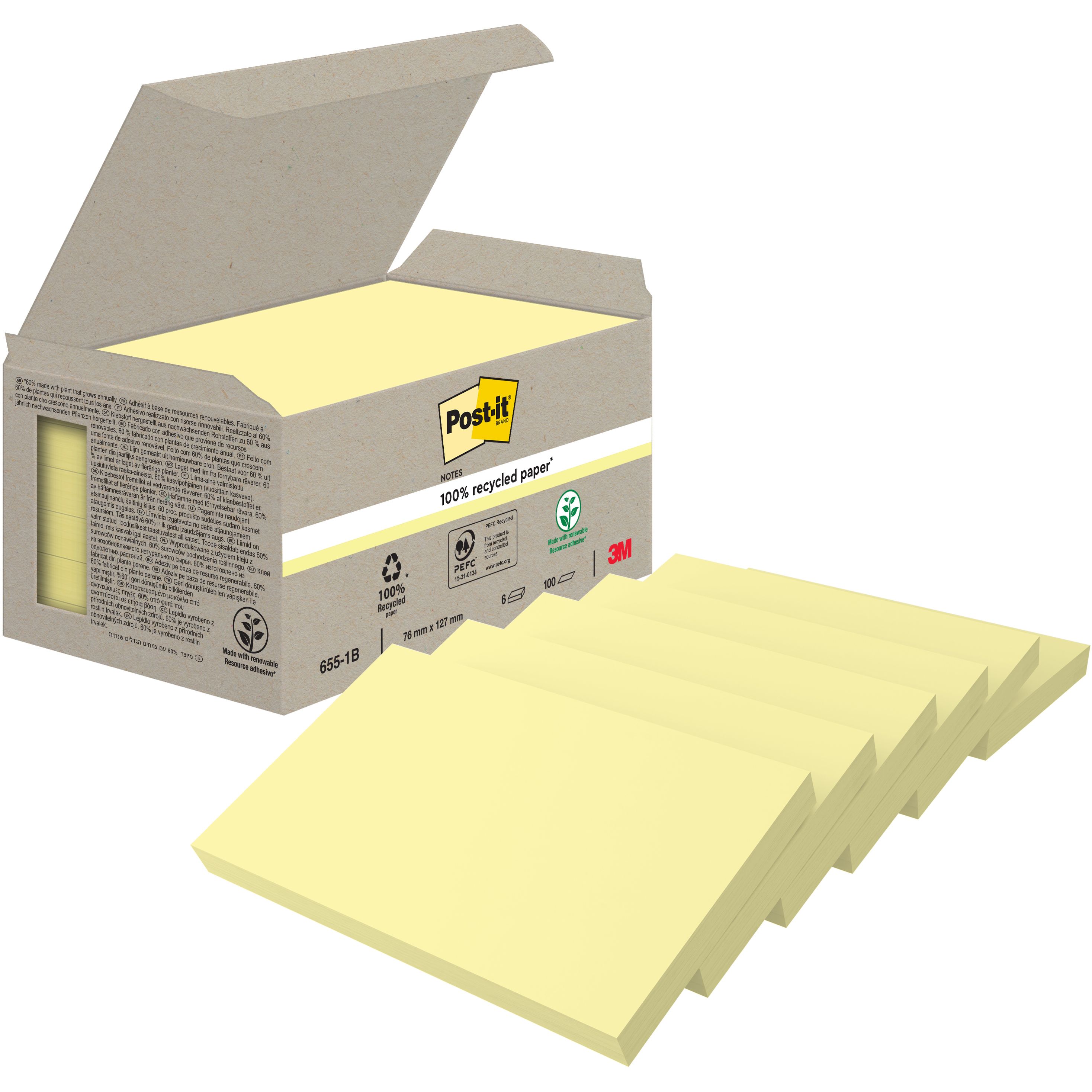 Post-it Green Notes 76 x 127 mm Gelb Karton mit 6 Block à 100 Blatt, Nr. 655