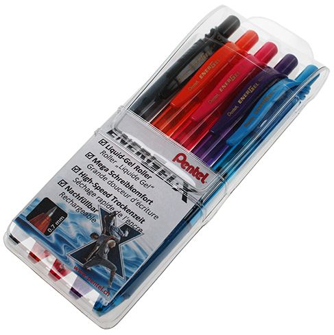 Pentel EnerGel Roller 0,7 mm 5er Etui schwarz, orange, hellblau, pink, violett