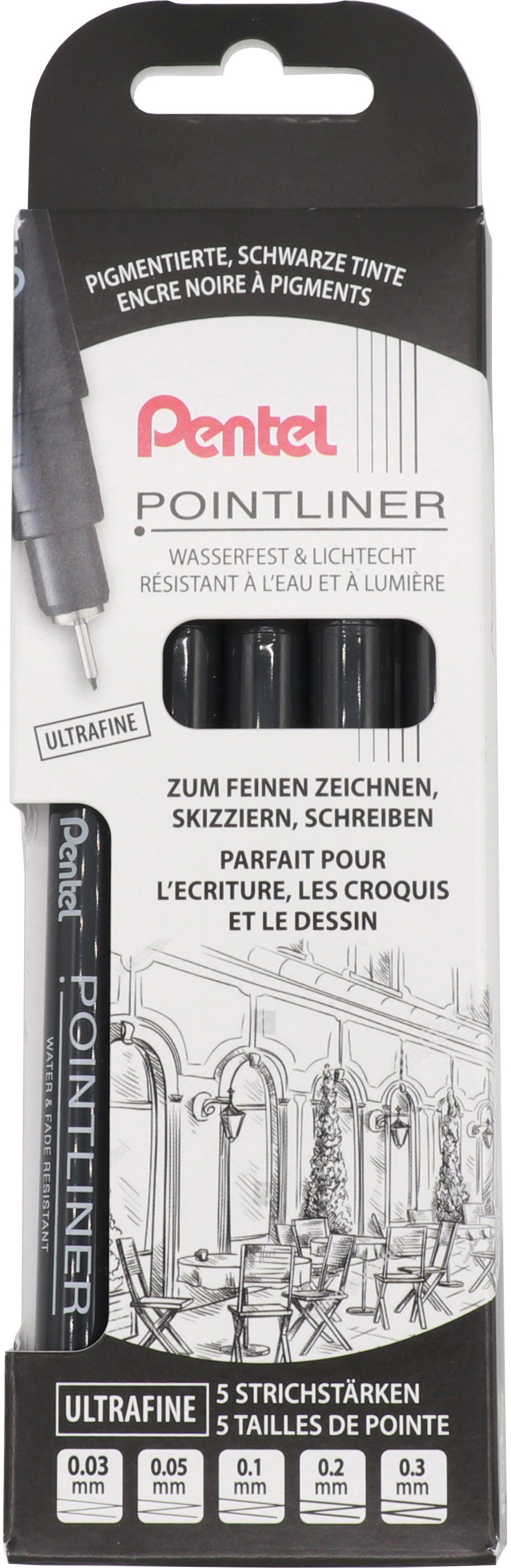 Pentel Pointliner Fineliner ultrafein schwarz, 5er Set 0,03/0,05/0,1/0,2/0,3mm