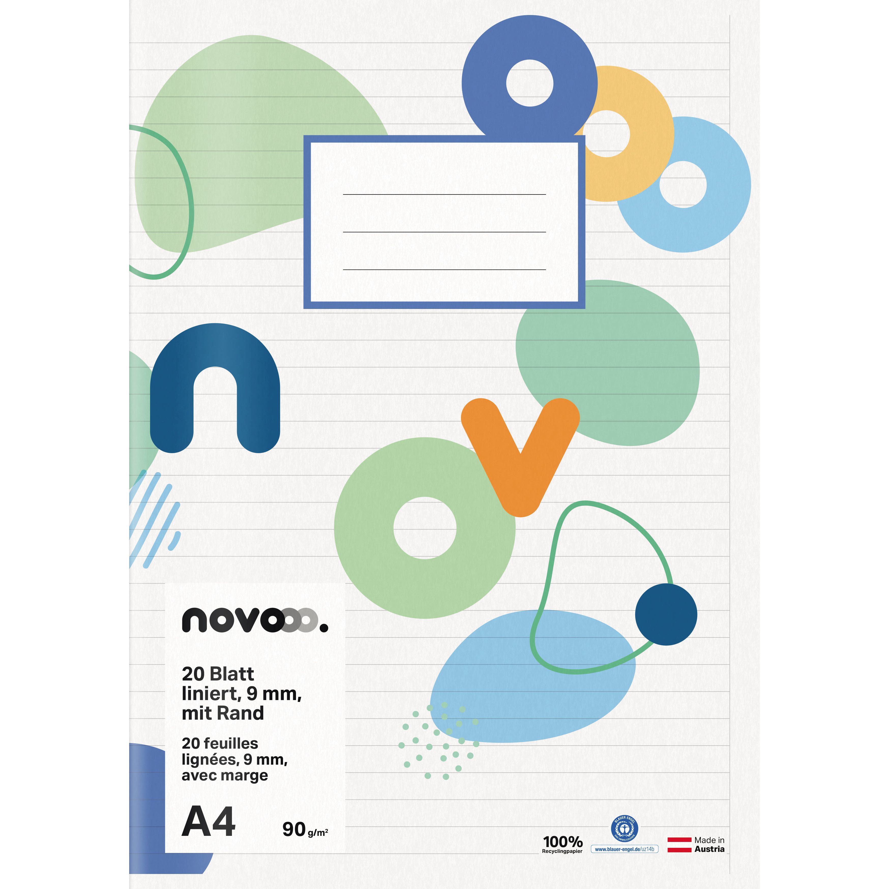 Novooo Schulheft A4, 9 mm liniert mit Rand, weiss, 90 gm2, 20 Blatt