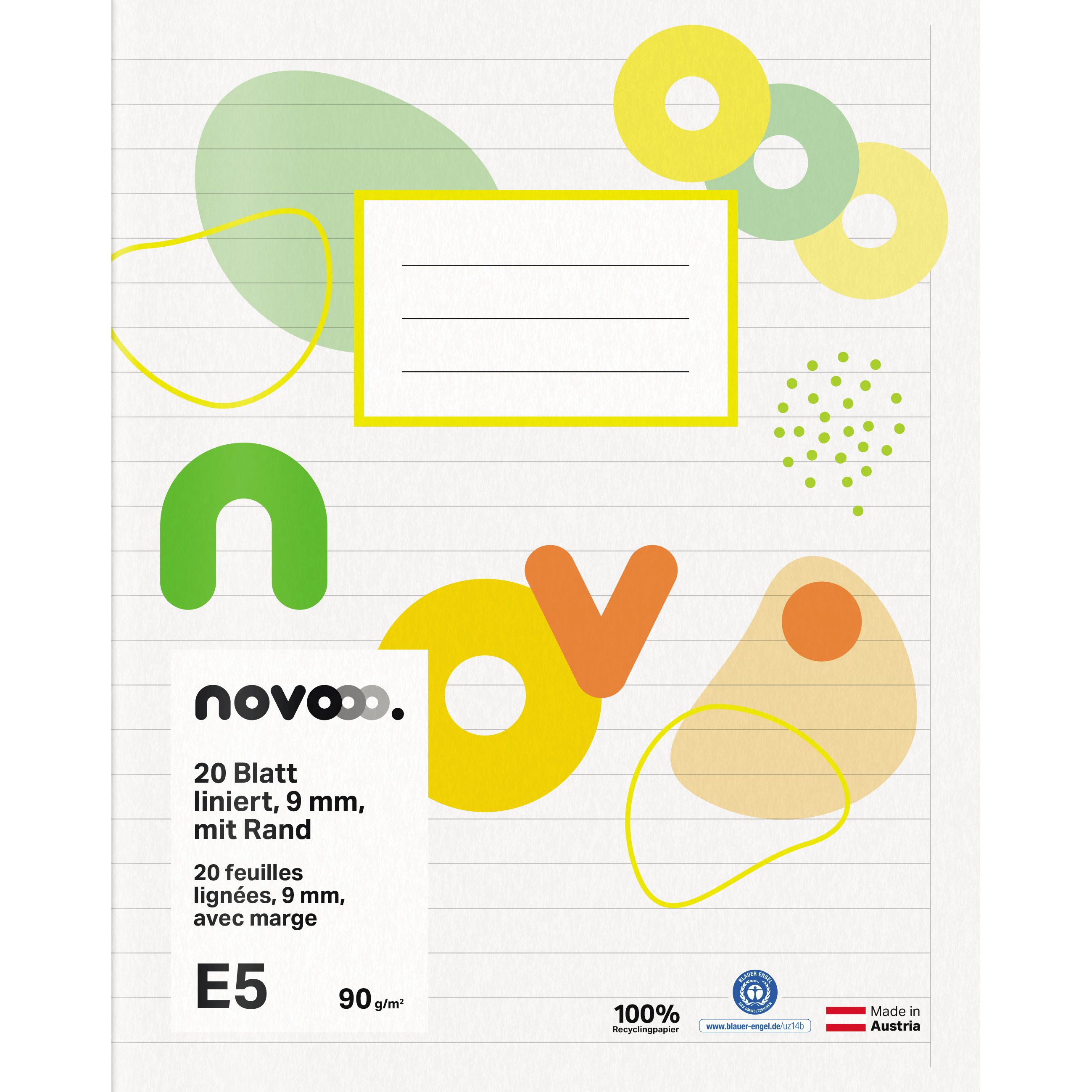Novooo Schulheft E5, 9 mm liniert mit Rand, 90g, weiss, 20 Blatt