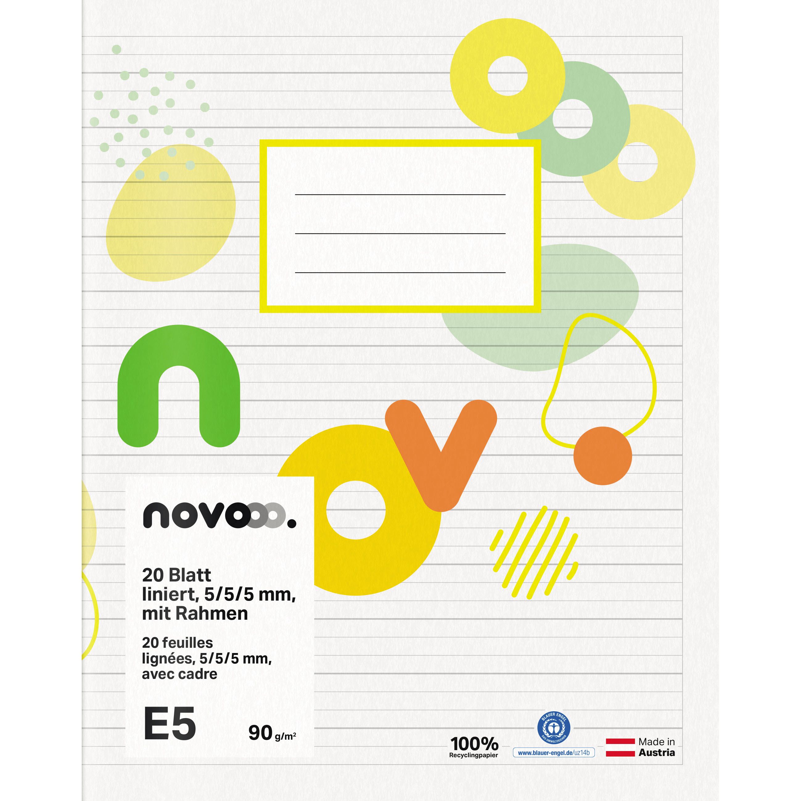 Novooo Schulheft E5, 5/5/5 mm mit Rand, 90g, weiss, 20 Blatt