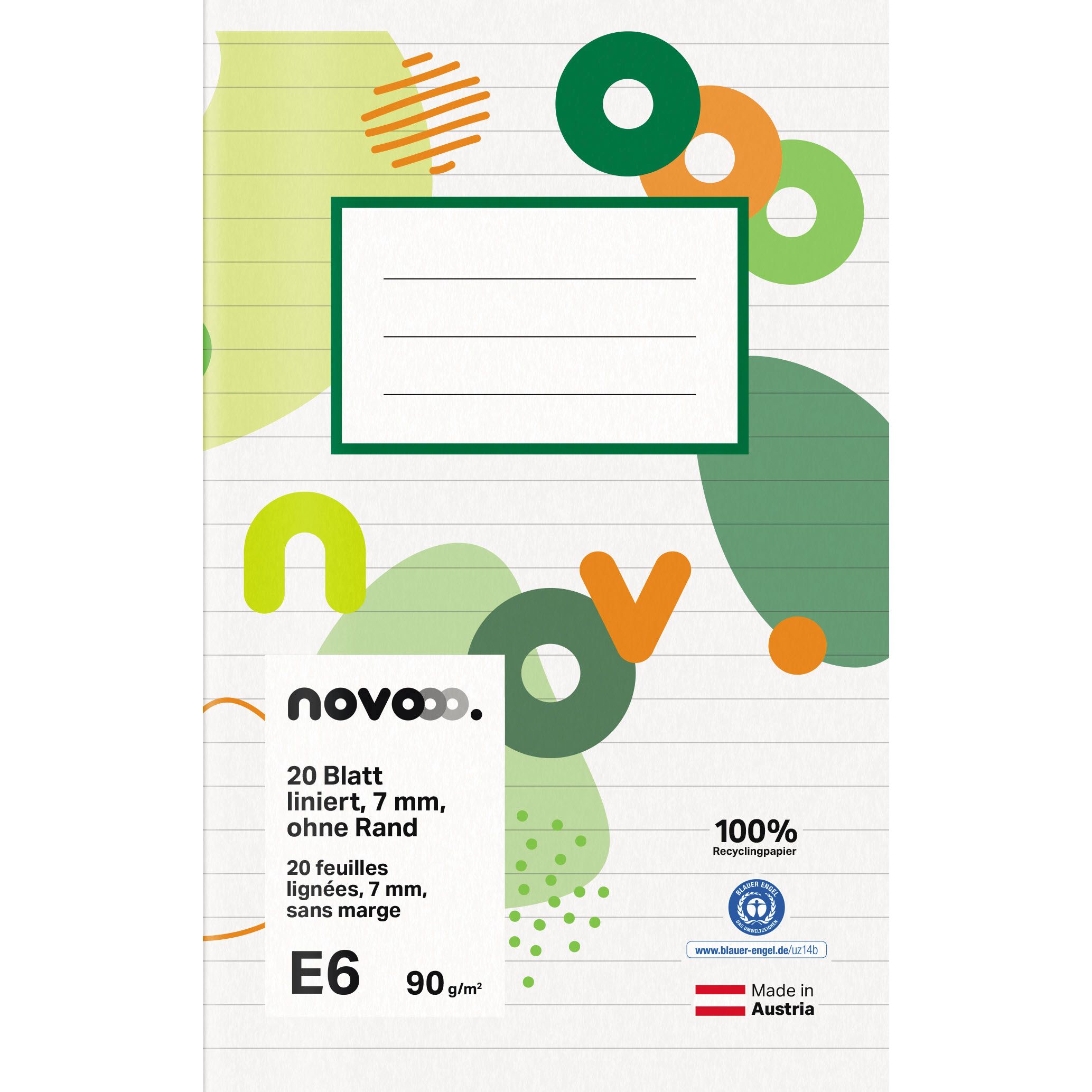 Novooo Schulheft E6, 7 mm liniert ohne Rand, 90g, weiss, 20 Blatt