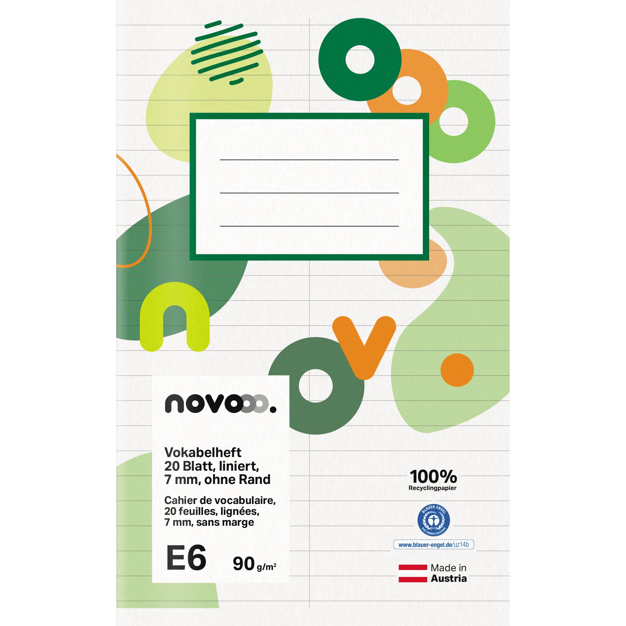 Novooo Schulheft E6, Vokabelheft 7 mm liniert ohne Rand, 90g, weiss