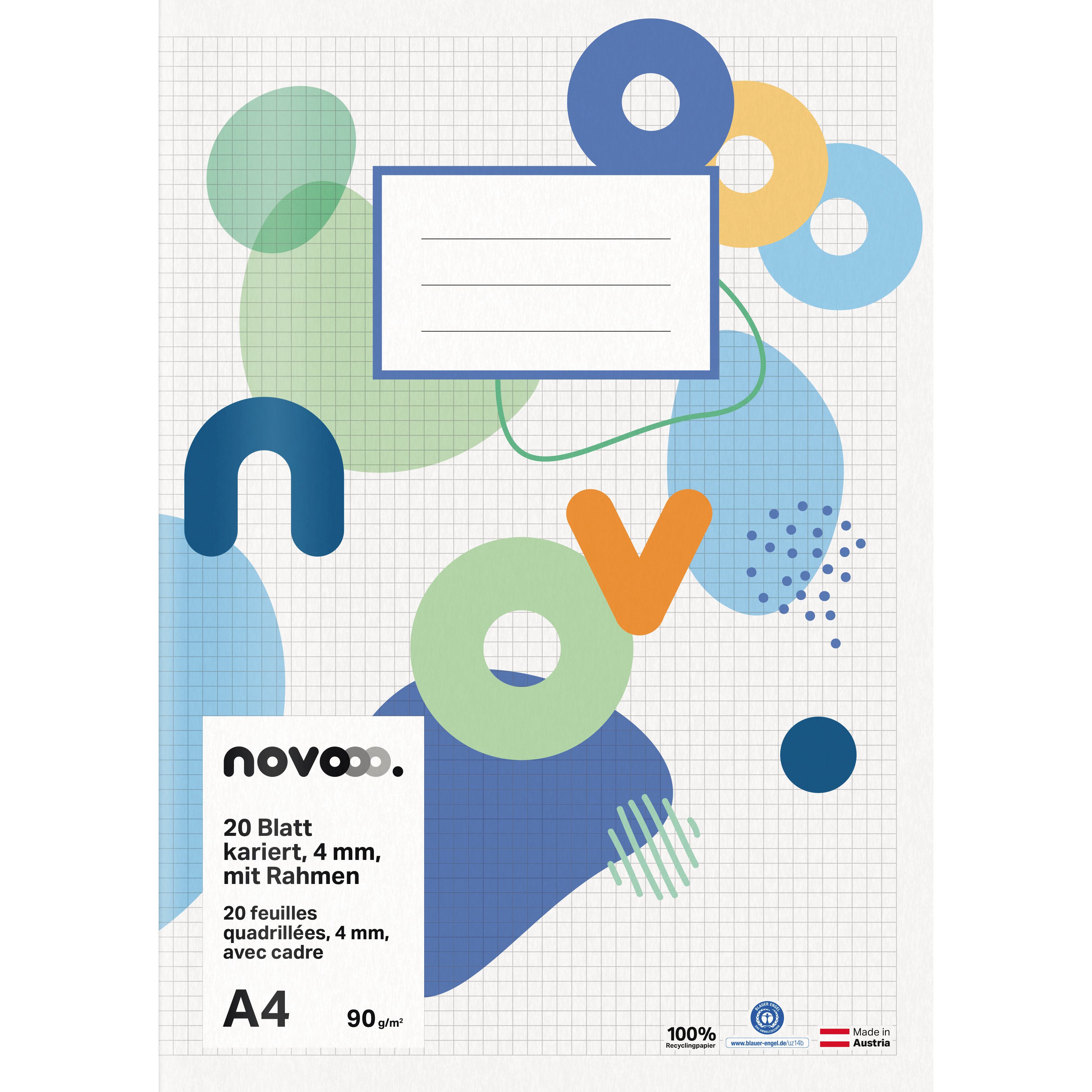 Novooo Schulheft A4, 4 mm kariert mit Rand, weiss, 90 gm2, 20 Blatt