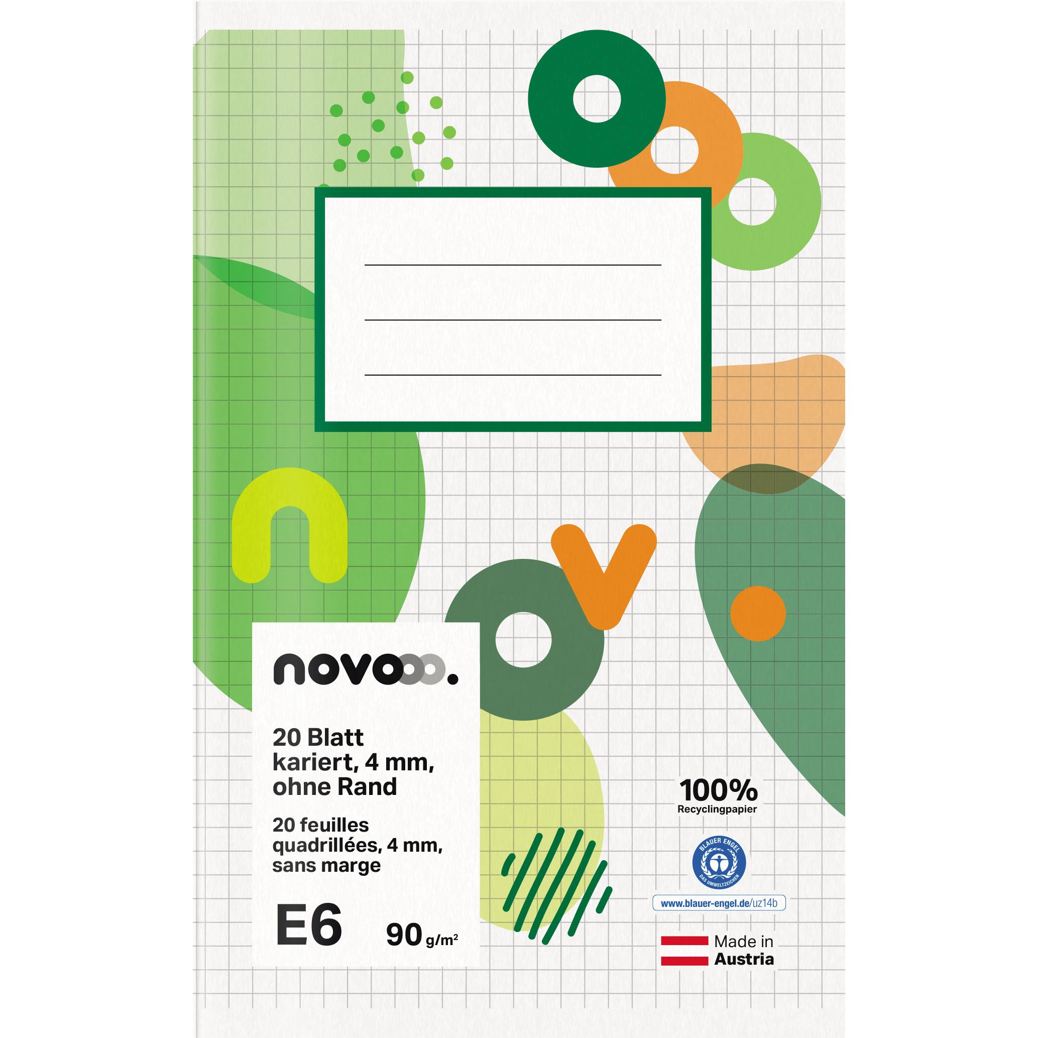 Novooo Schulheft E6, 4 mm kariert ohne Rand, 90g, weiss, 20 Blatt