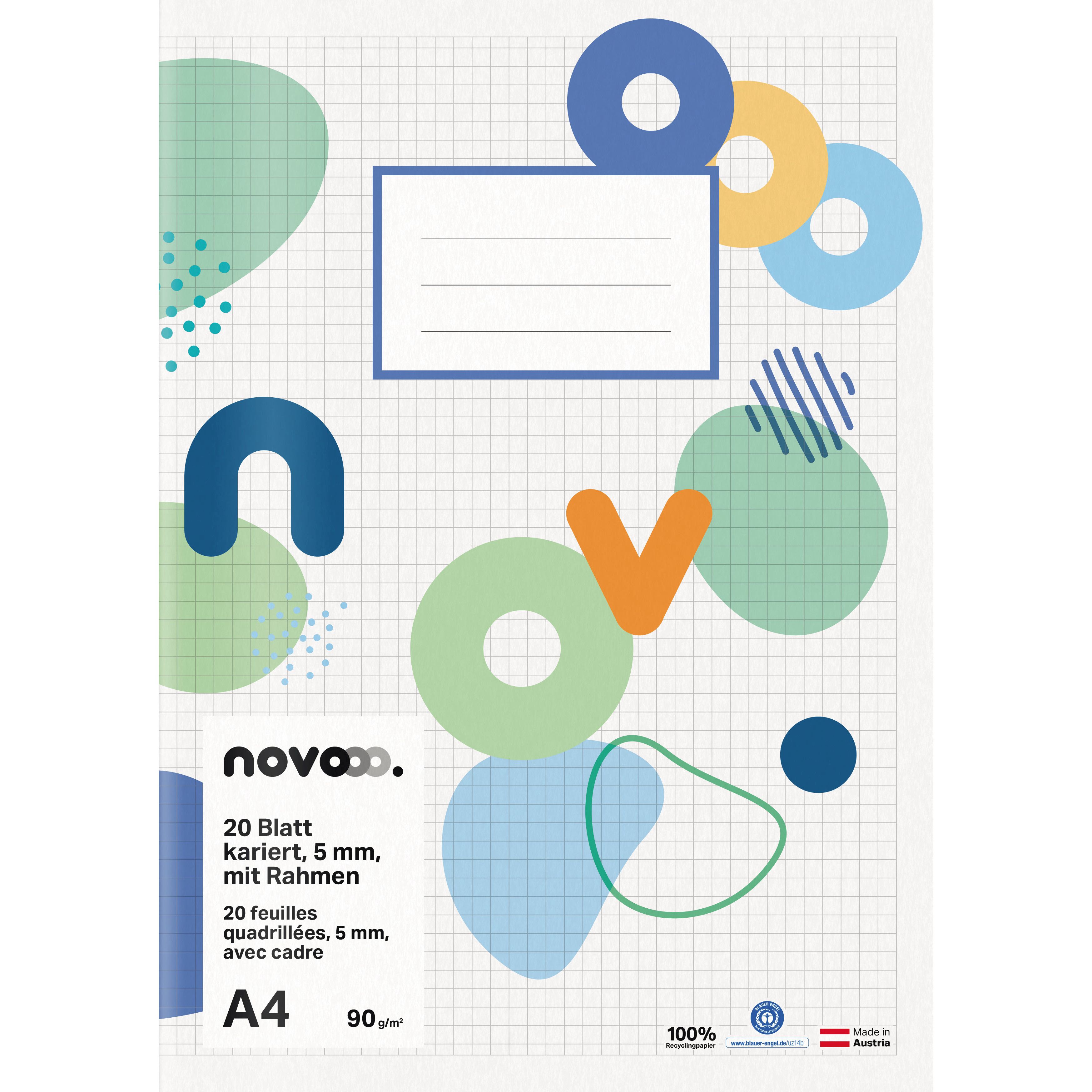 Novooo Schulheft A4, 5 mm kariert mit Rand, weiss, 90 gm2, 20 Blatt