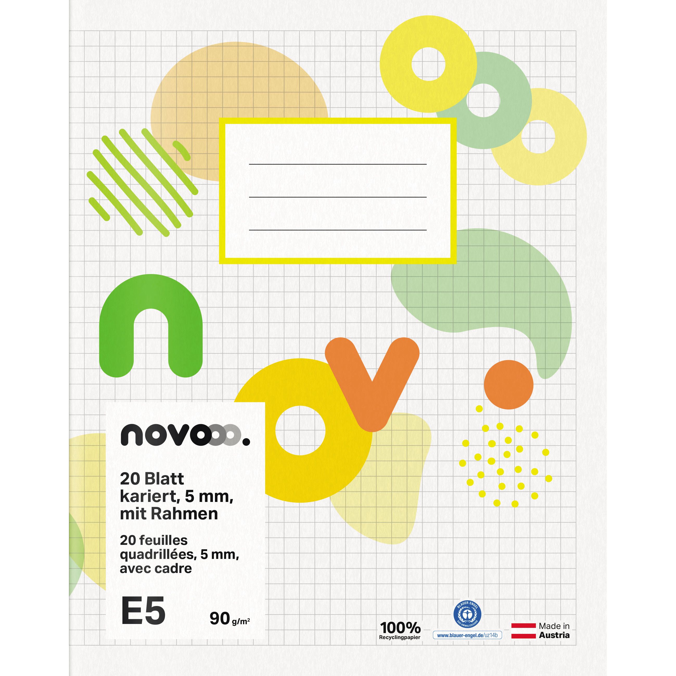 Novooo Schulheft E5, 5 mm kariert mit Rand, 90g, weiss, 20 Blatt
