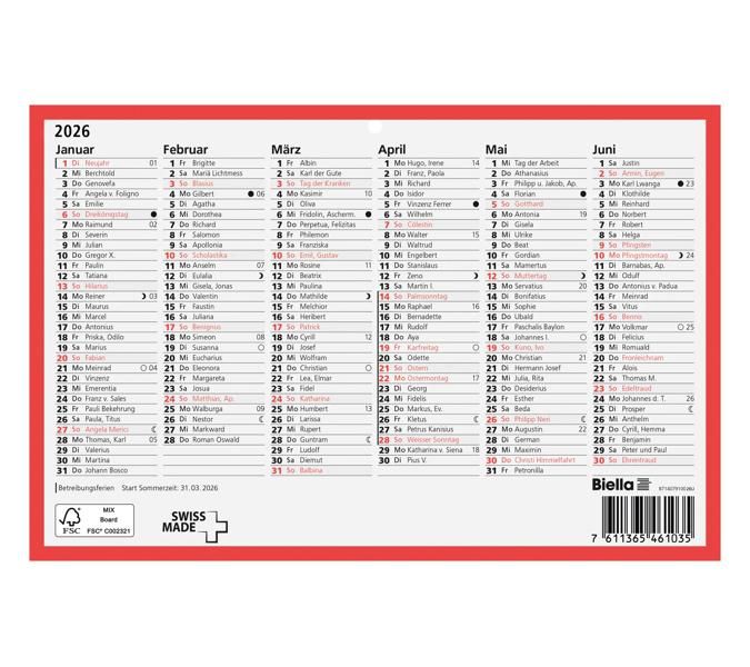 Wandkalender aus Karton A5 quer 2026 6 Monate pro Seite weiss/rot