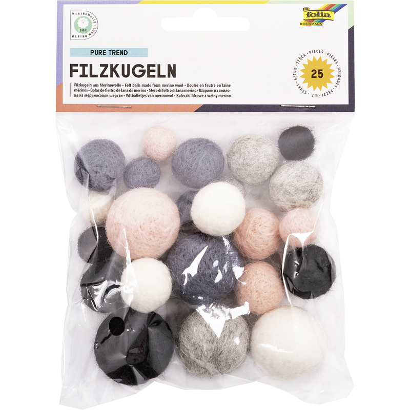 Filzkugel grau/rosé/schwarz, 3 Grössen Blister à 25 Stk. SPEZIALBESTELLUNG