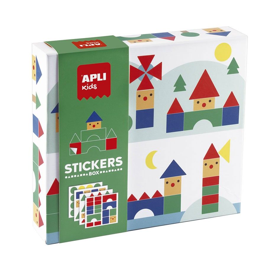 Stickerspiel Kartonbox Geometrische Dörfer, 8 Karten mit versch. Motiven